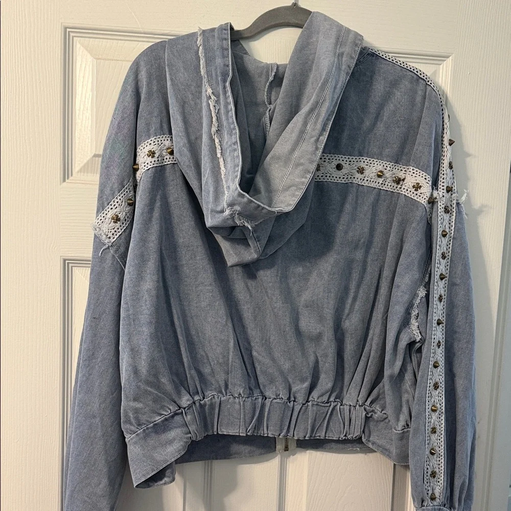 POL Large Denim and Lace Hooded Zip-Front Jacket NEW - Picture 4 of 4